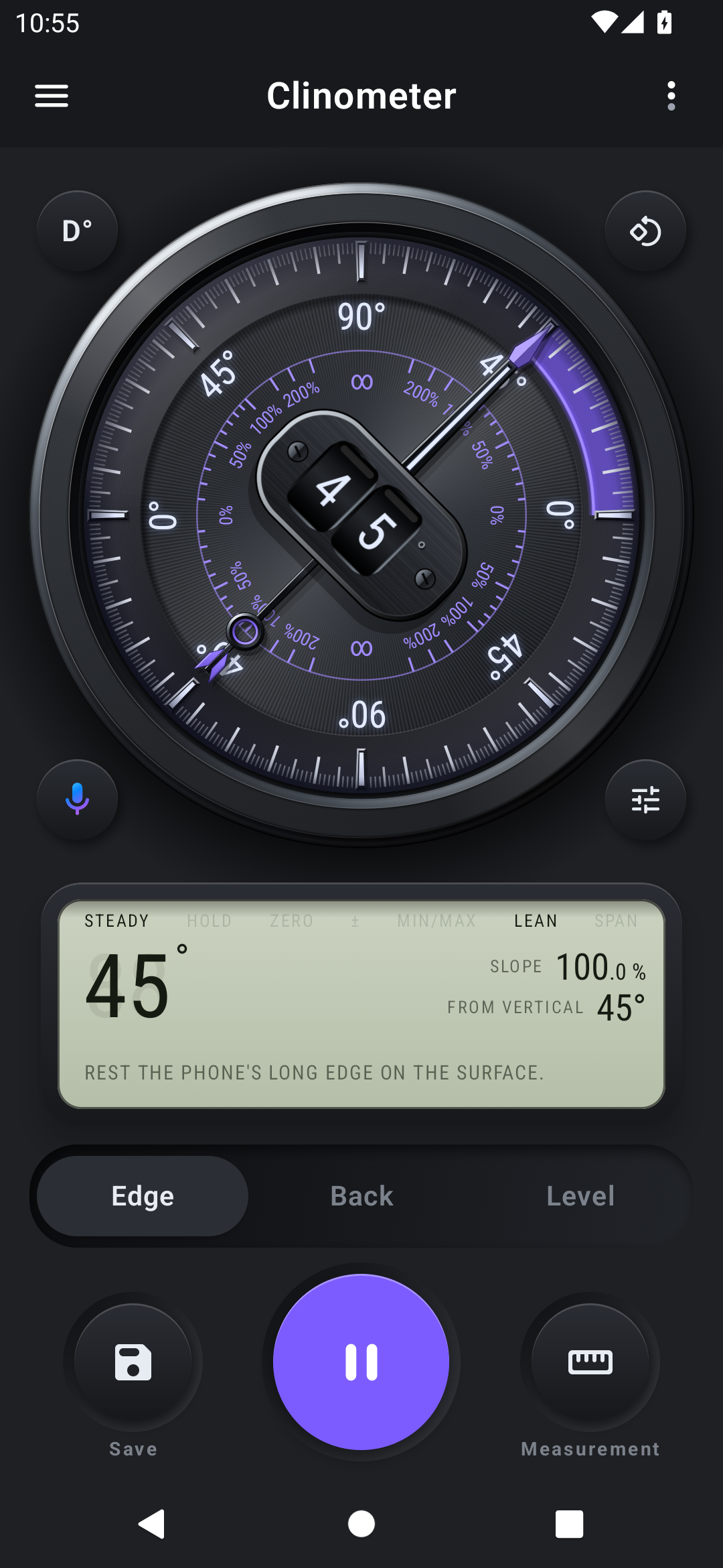 Clinometer edge dial with an inclination reading