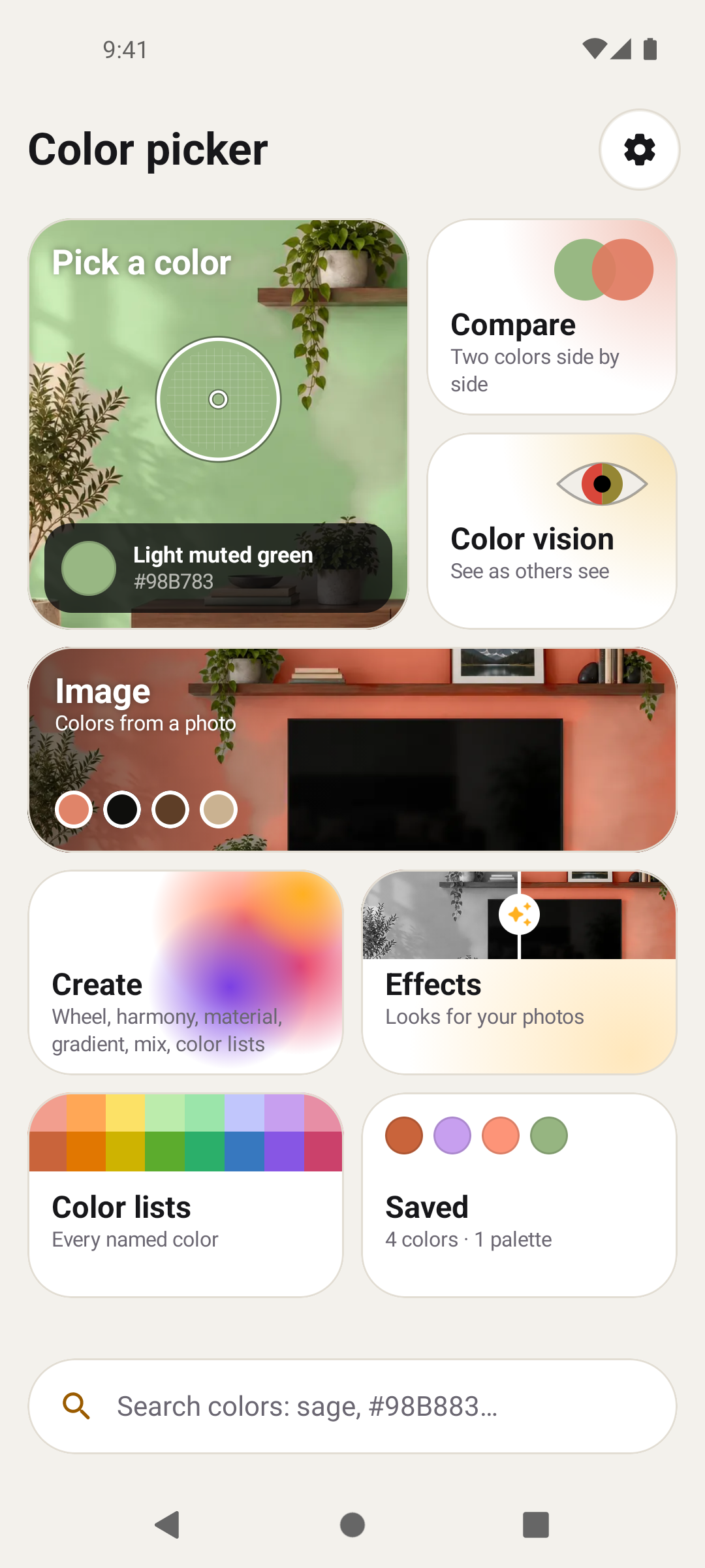Color Picker Home with illustrated feature tiles