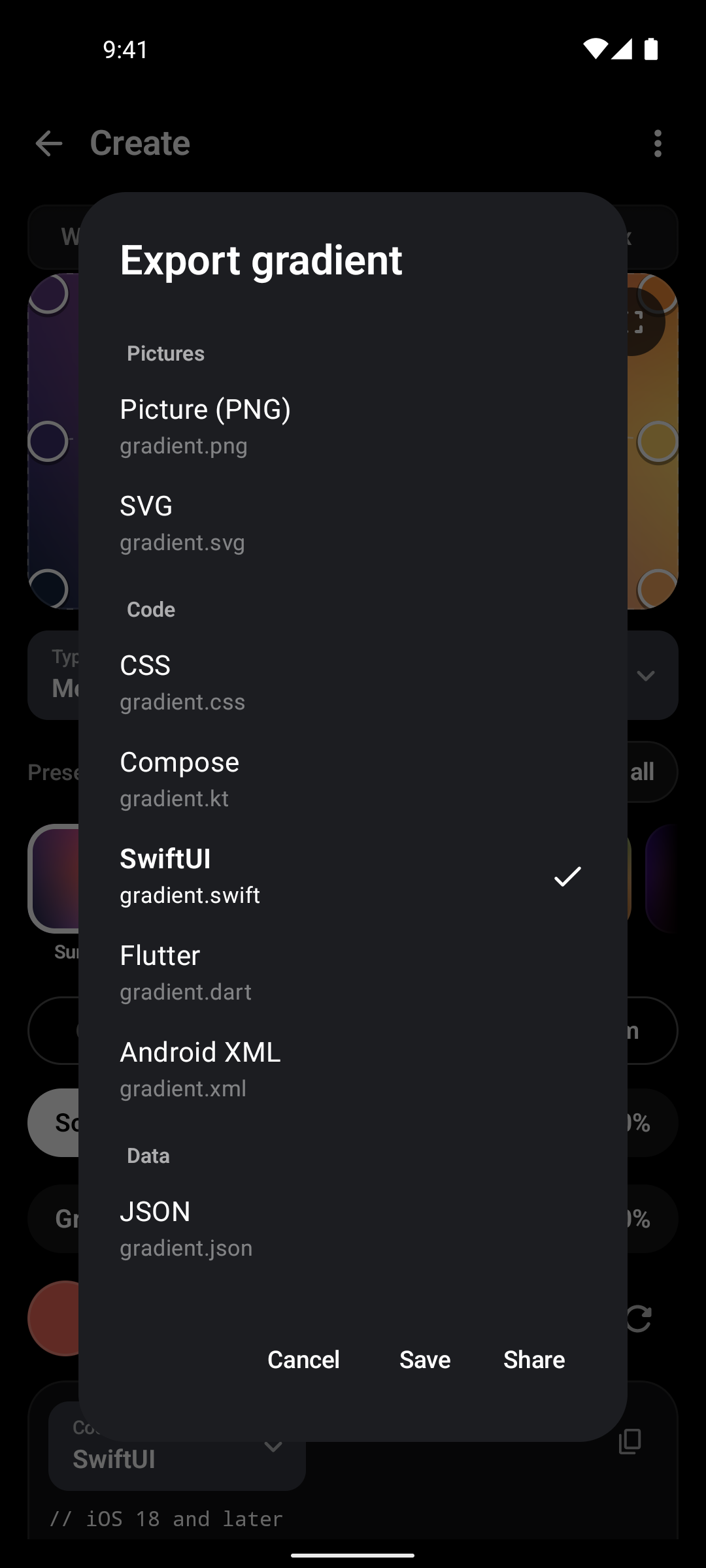 Color Picker gradient export options