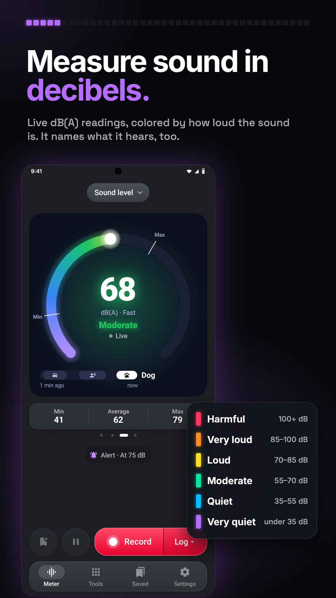 Decibel Meter sound-level dial, statistics and sound recognition