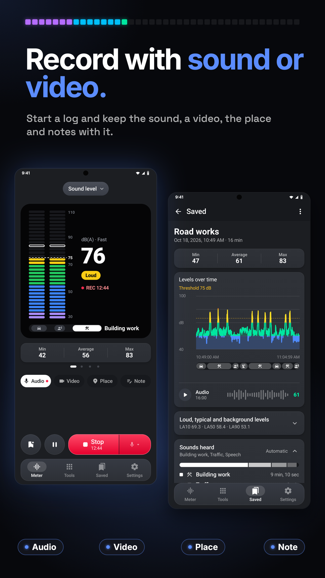 Decibel Meter recording controls and sound-level chart