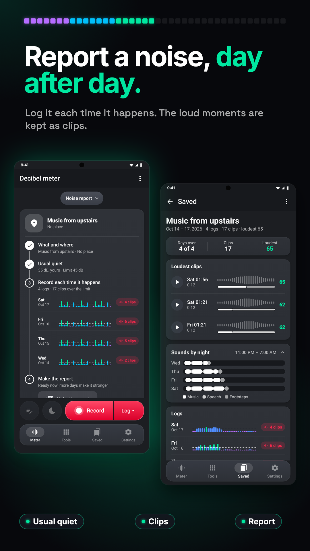 Decibel Meter saved sound report and chart