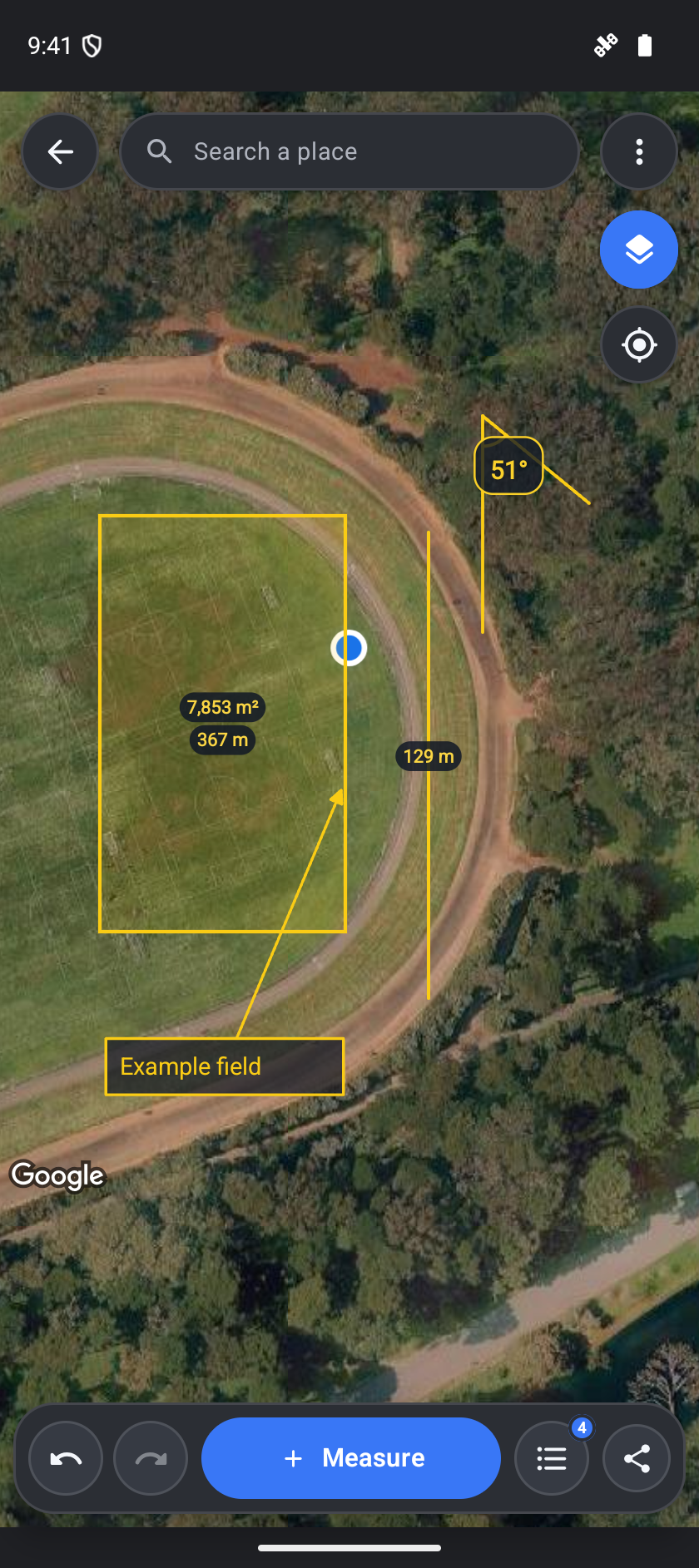GPS Map example drawing with area, perimeter, distance, angle and a label over a public park