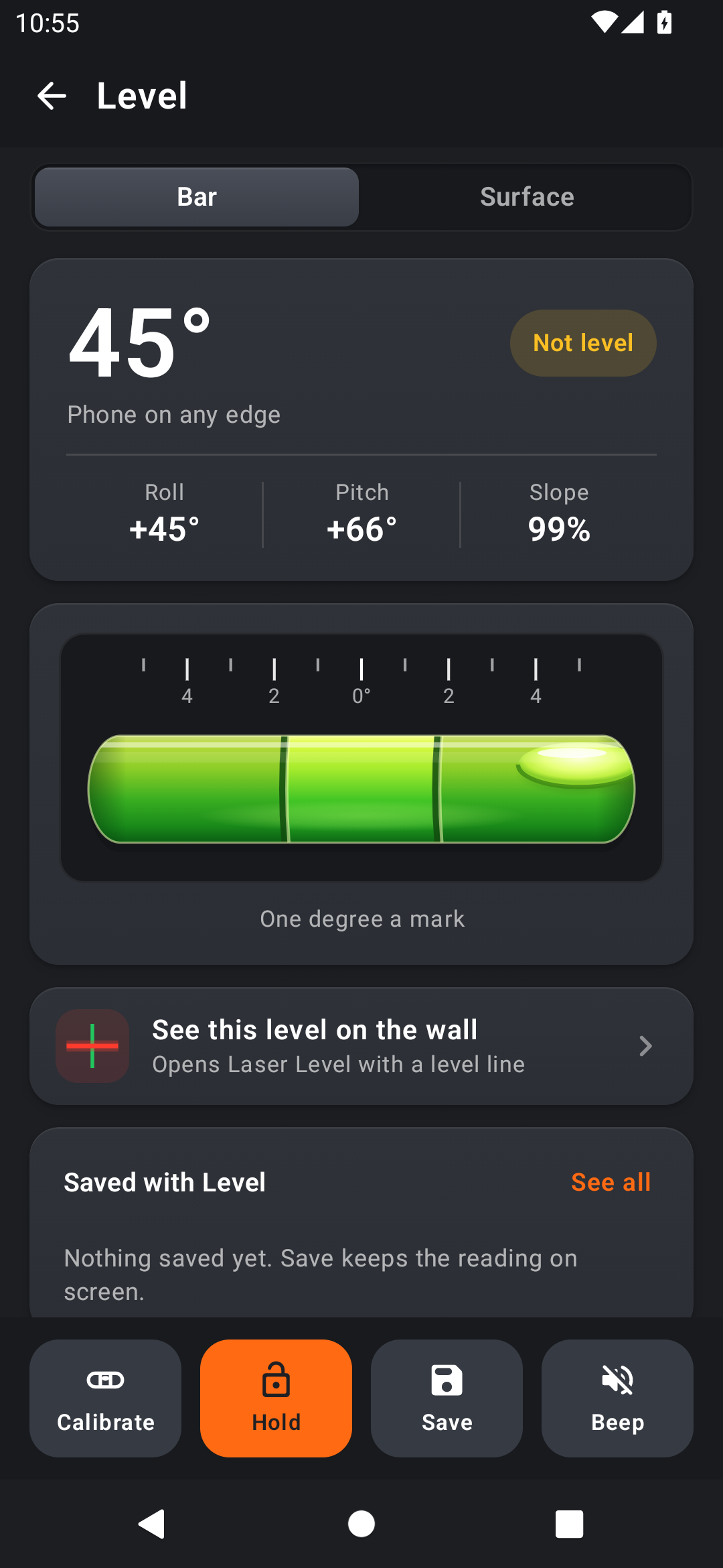 The Bubble level tool in Bar mode with a 45-degree edge reading