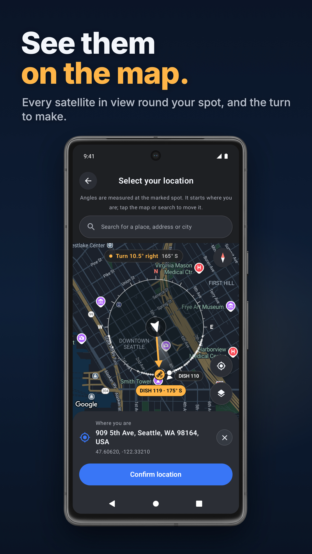 Satellite Finder map and satellite direction