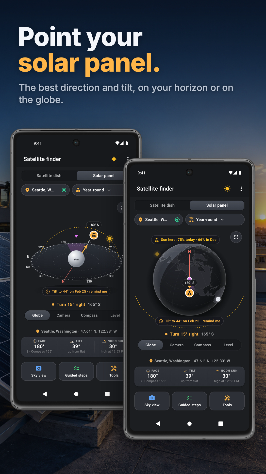 Satellite Finder solar-panel alignment and sun data