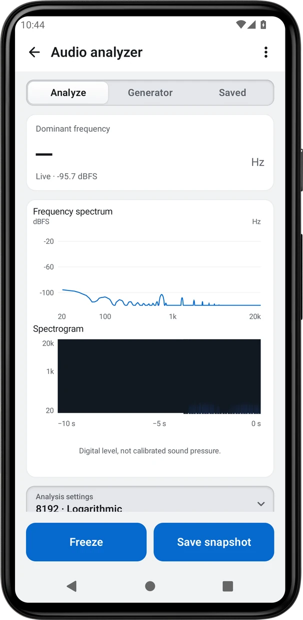 Audio analyzer, shown inside a phone casing