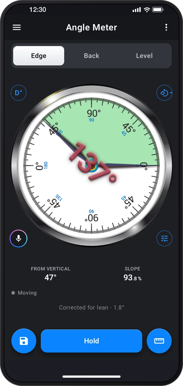 Angle Meter, shown inside a phone casing