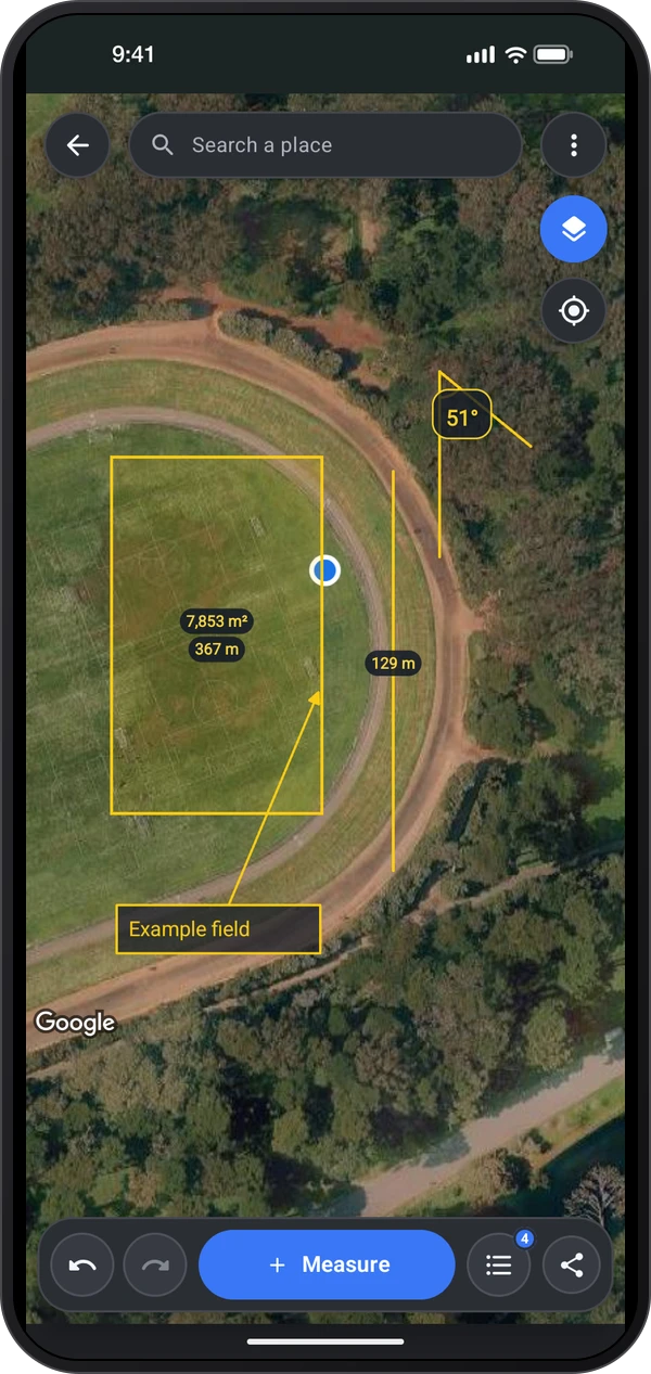 GPS Map example drawing with area, perimeter, distance, angle and a label over a public park