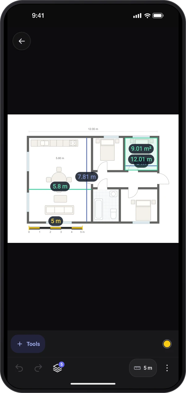 Image Meter floor-plan sample with a 5 m reference, measured lengths and room area