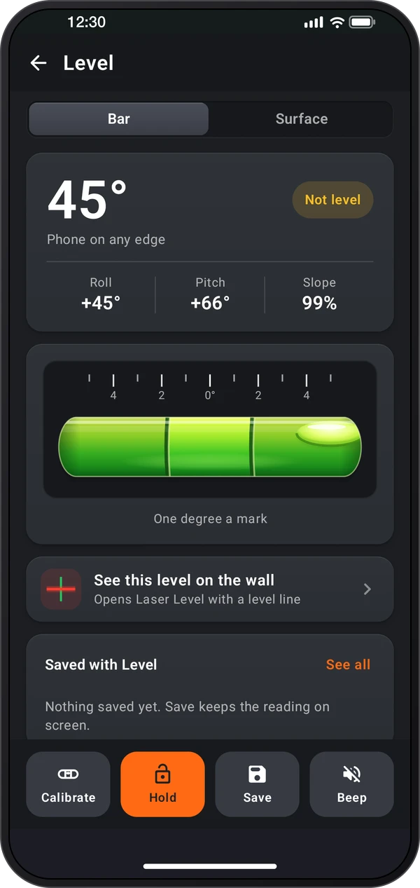 Level, shown inside a phone casing