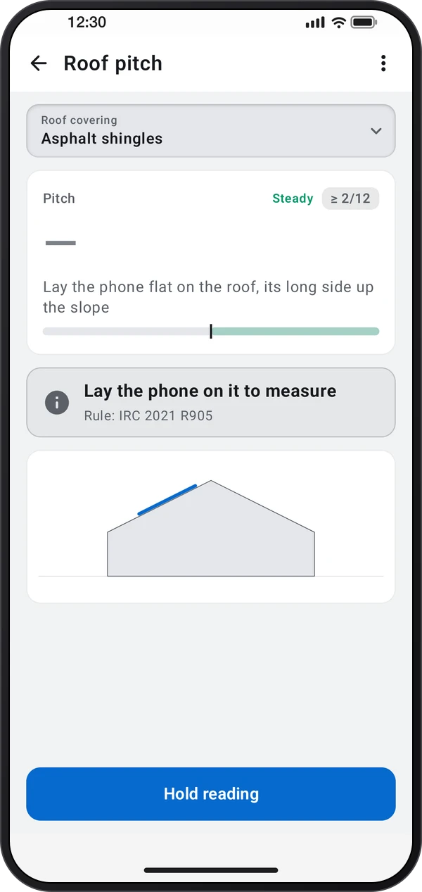 Roof pitch & slope, shown inside a phone casing