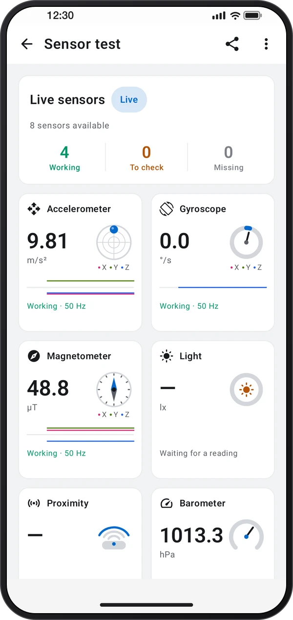 Sensor test, shown inside a phone casing