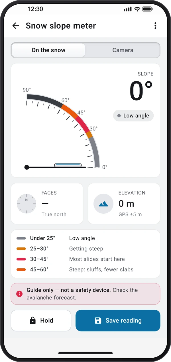 Snow slope meter, shown inside a phone casing