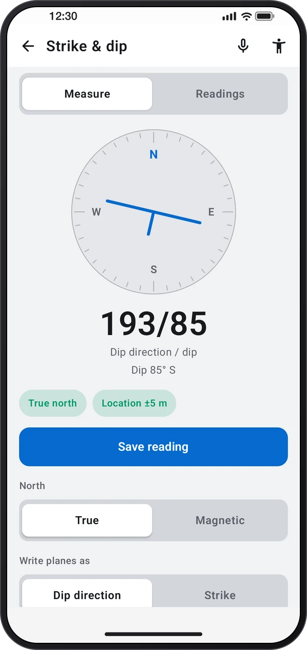 Strike & dip, shown inside a phone casing