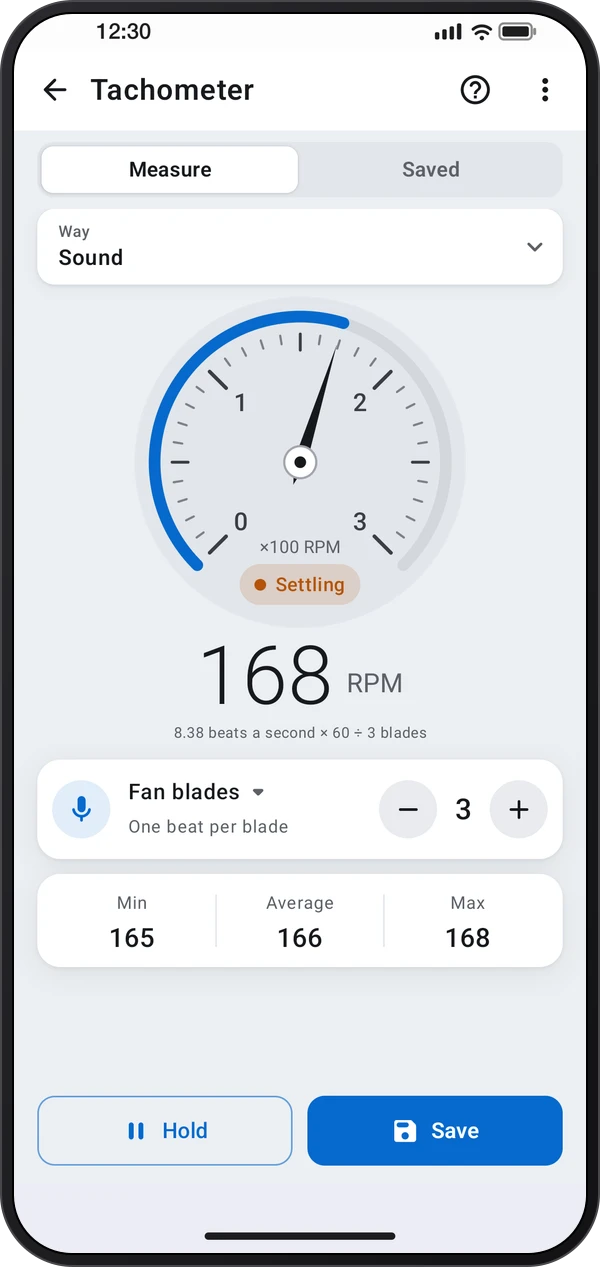 Tachometer, shown inside a phone casing