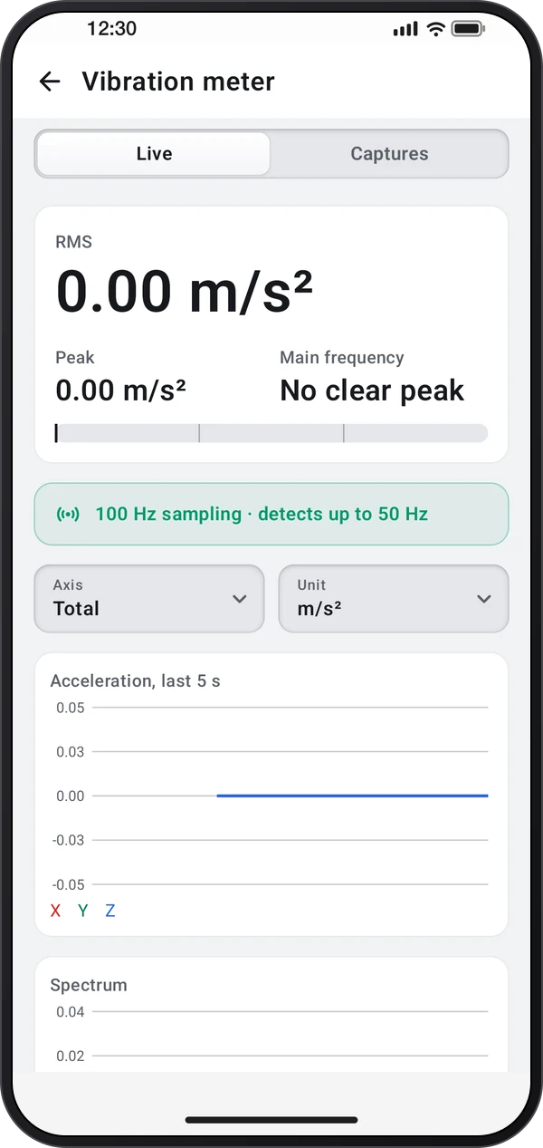 Vibration meter, shown inside a phone casing